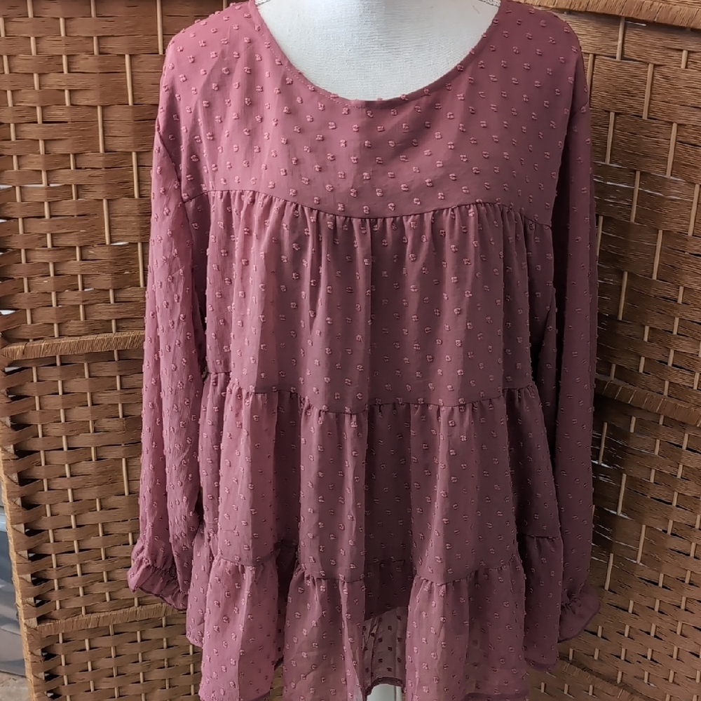 PrettyGarden Dusty Rose Swiss Dot Tiered Babydoll Blouse XL
